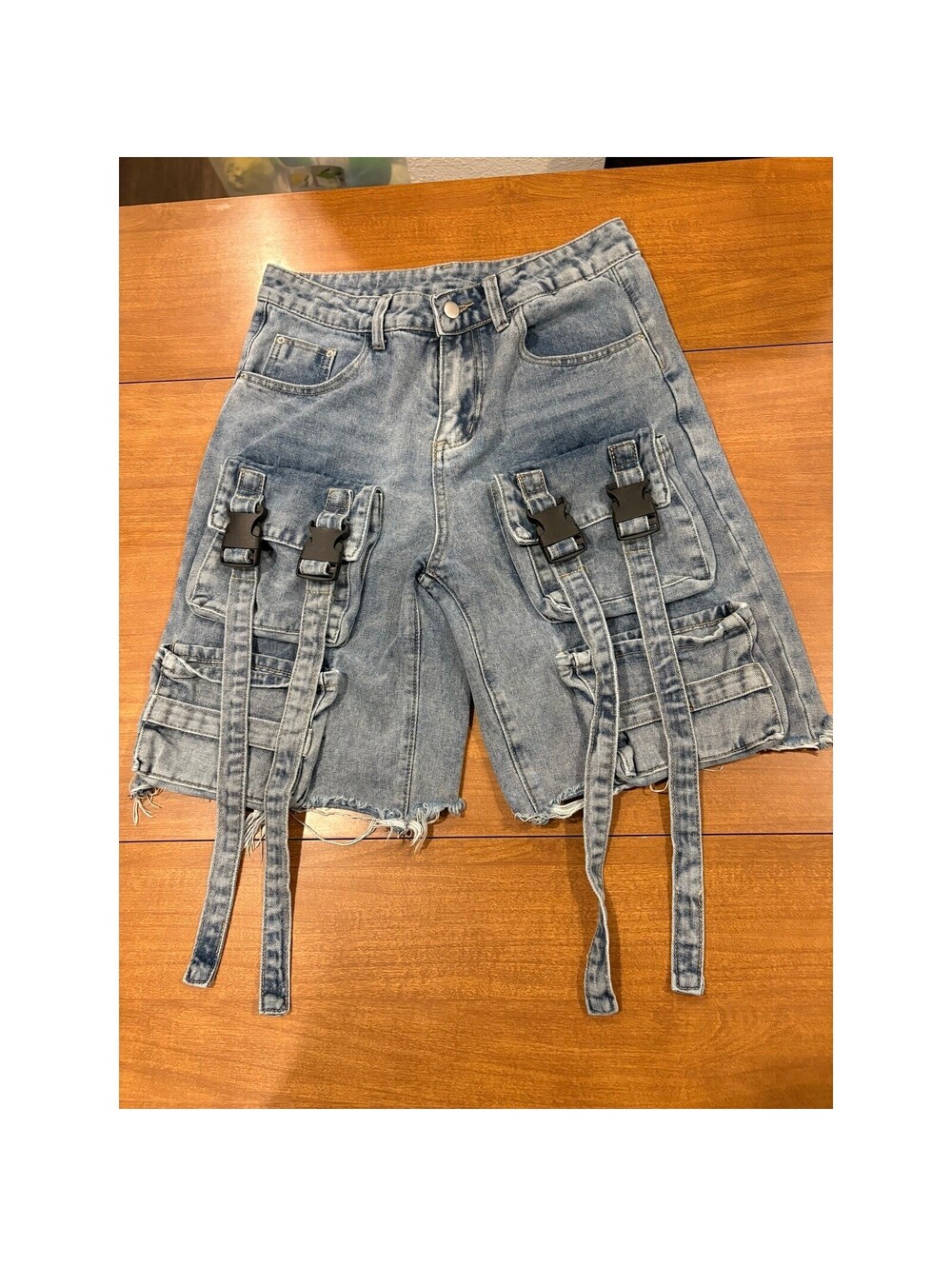 ROMWE Men's 3D Pocket Cargo Denim Shorts with Buckle Straps-16